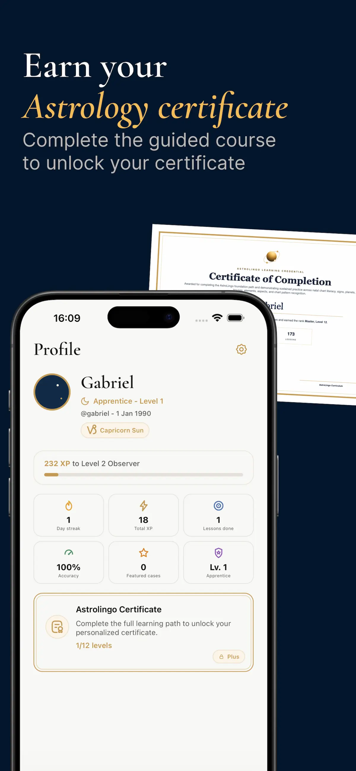 AstroLingo profile screen with XP, level, and astrology certificate progress.