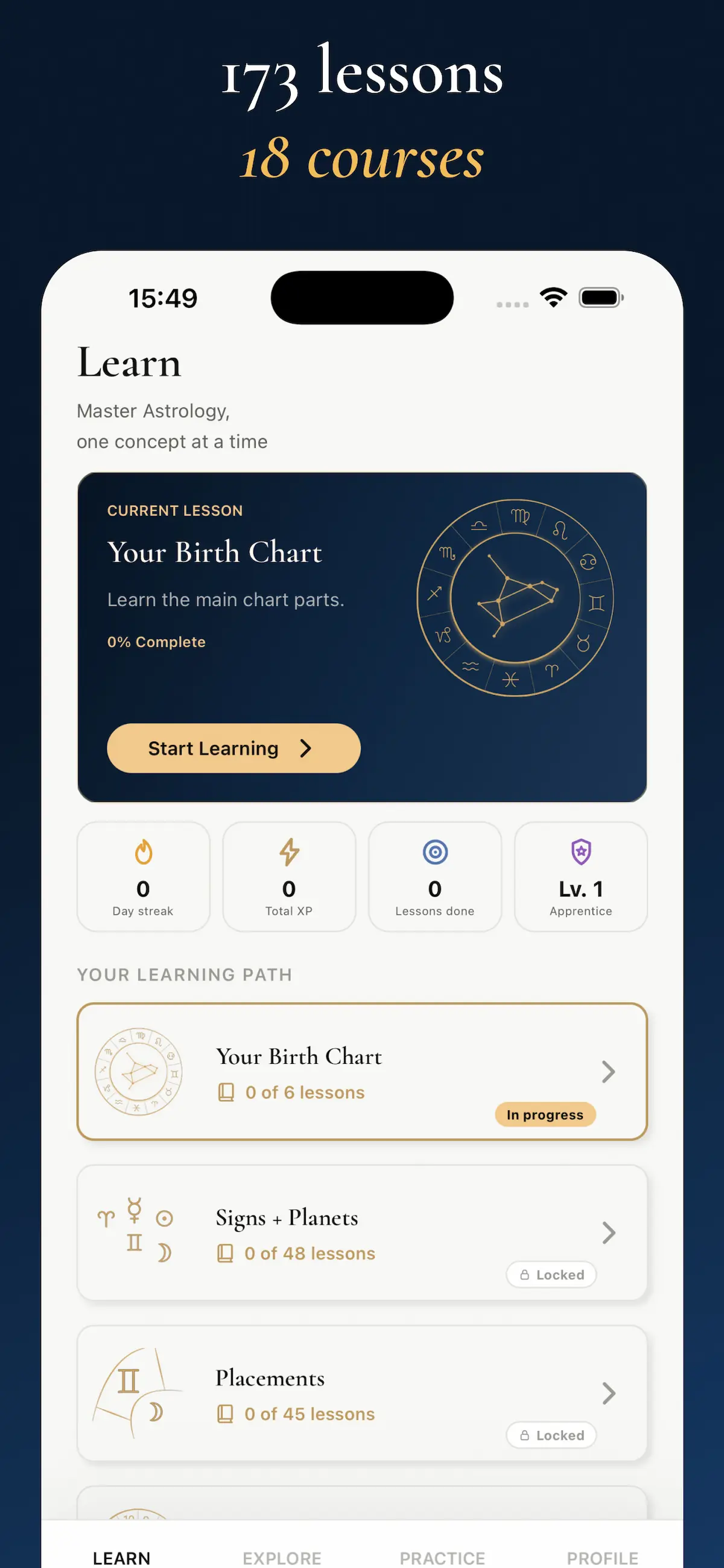 AstroLingo real chart practice screen with a natal chart wheel.